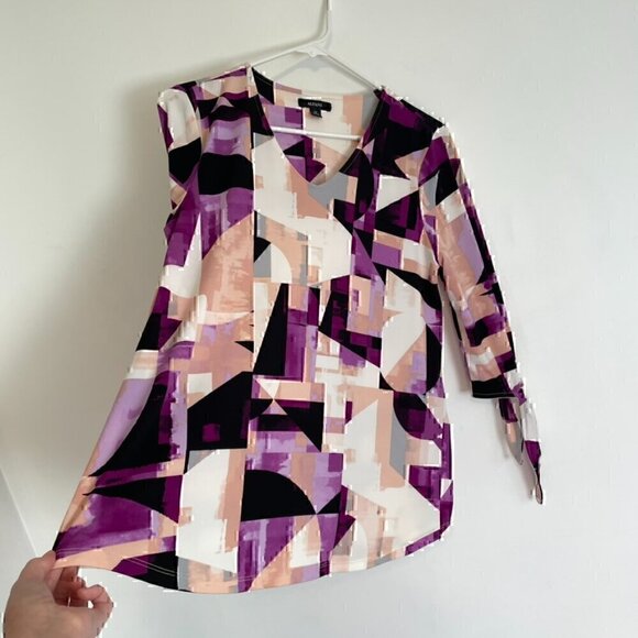 ALFANI Printed Tie Sleeve Blouse Pink Purple Geometric 3/4 Sleeve PETITE Medium - Picture 9 of 15